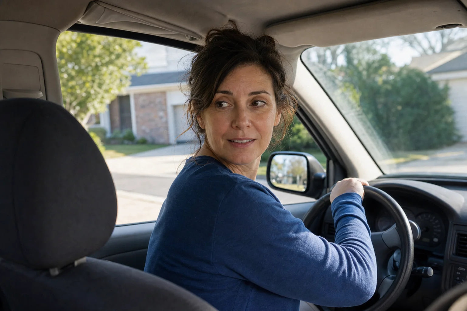 Jennifer naturally turning her head while backing out of her driveway.
