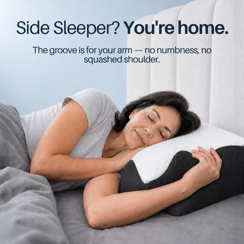 Side sleeper using the arm groove of the Contour Relief Pillow