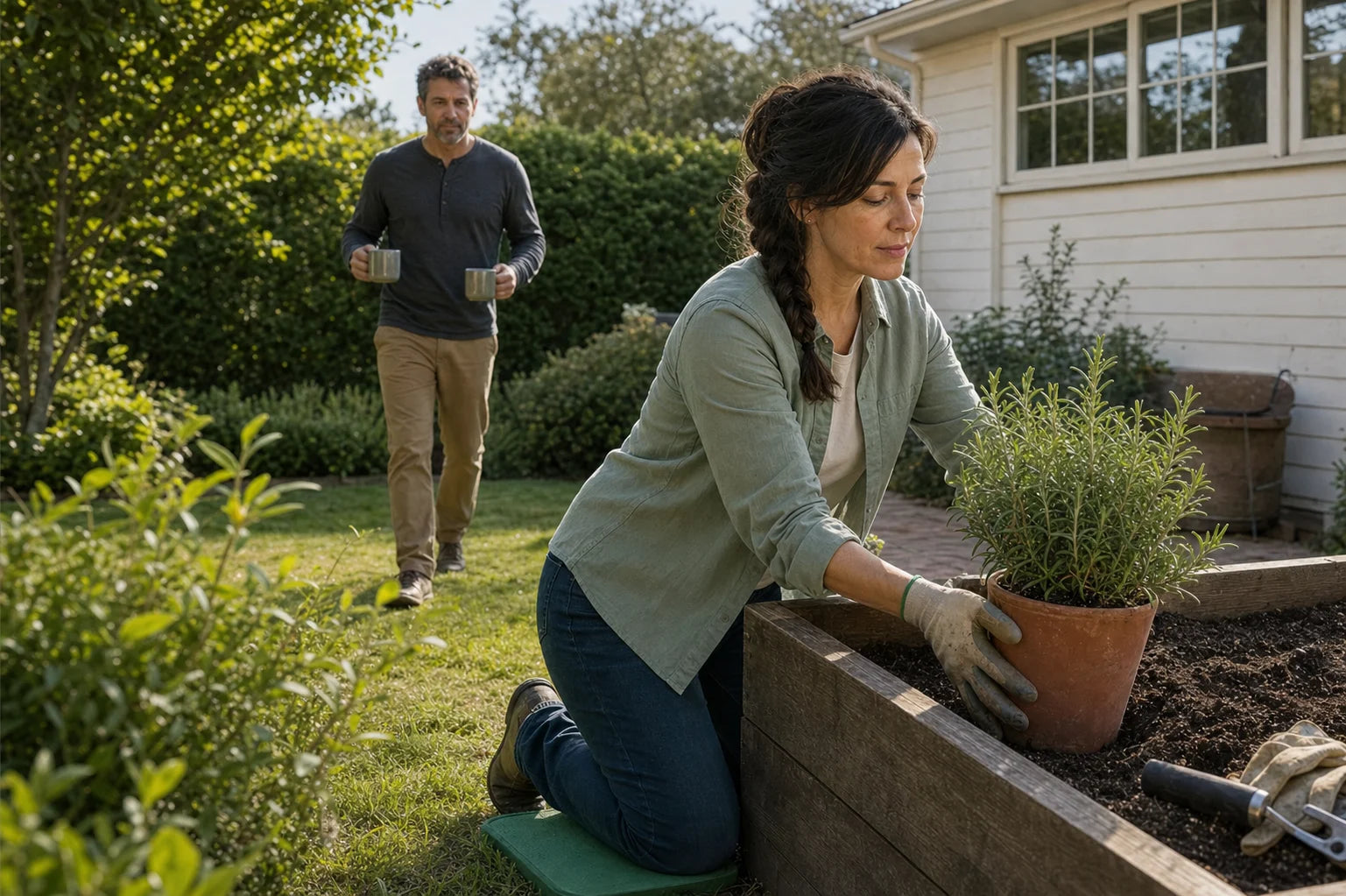 Jennifer kneeling beside a rosemary planter while her husband approaches with two coffee mugs.