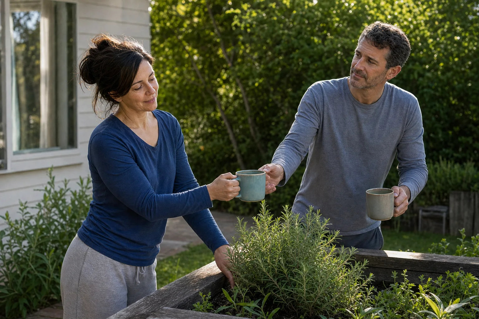 Jennifer tending rosemary while her husband brings coffee.