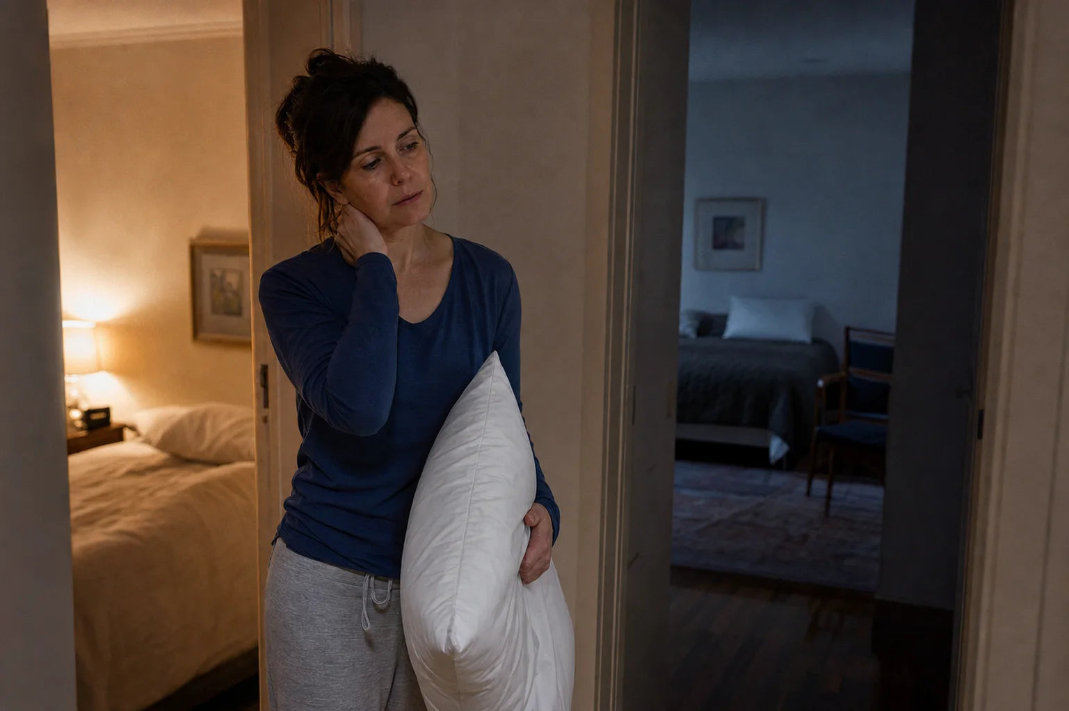 A tired woman carrying her pillow toward a guest room while supporting her neck.