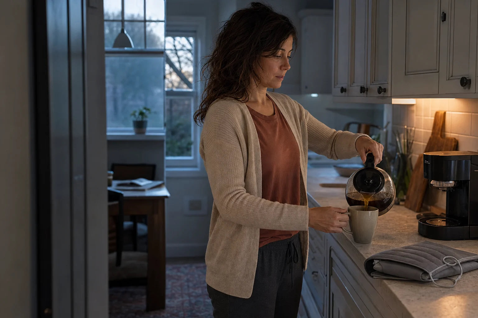 Jennifer pouring coffee at her kitchen counter with both hands occupied.