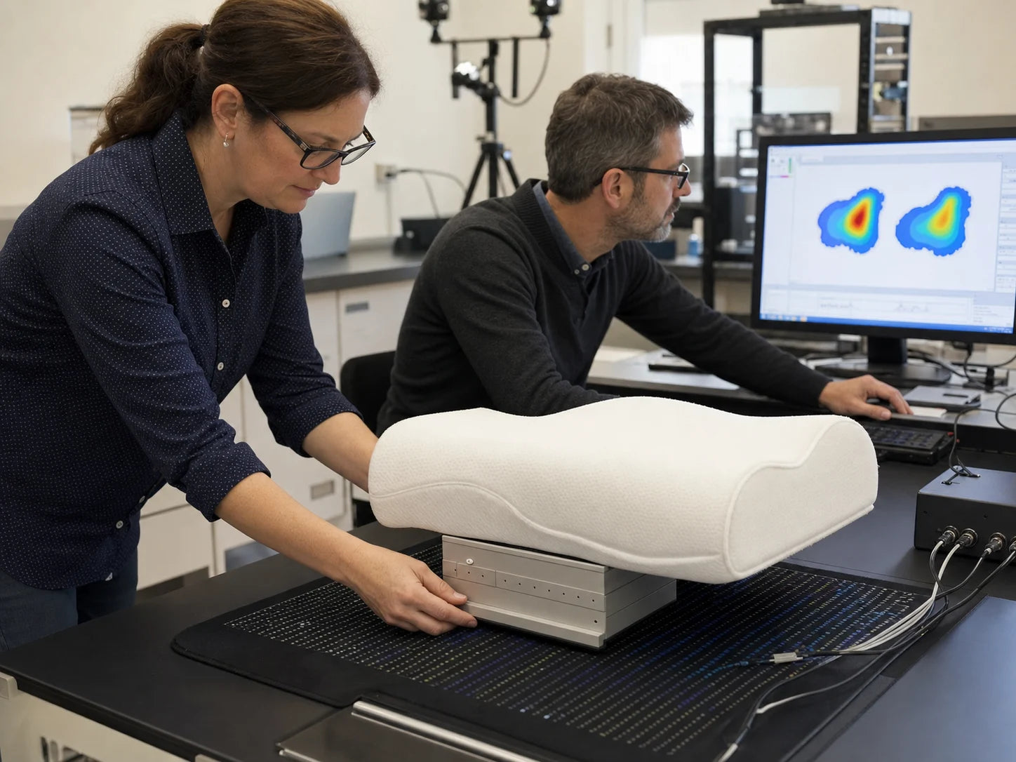 Two biomechanics researchers examining a cervical pillow on a pressure-sensing mat.