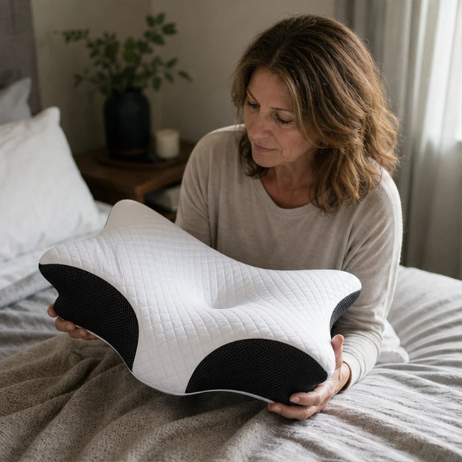 A woman examining the RestedRelief contoured pillow on her bed.