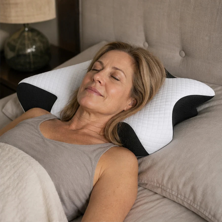 A woman resting on the RestedRelief contoured pillow.
