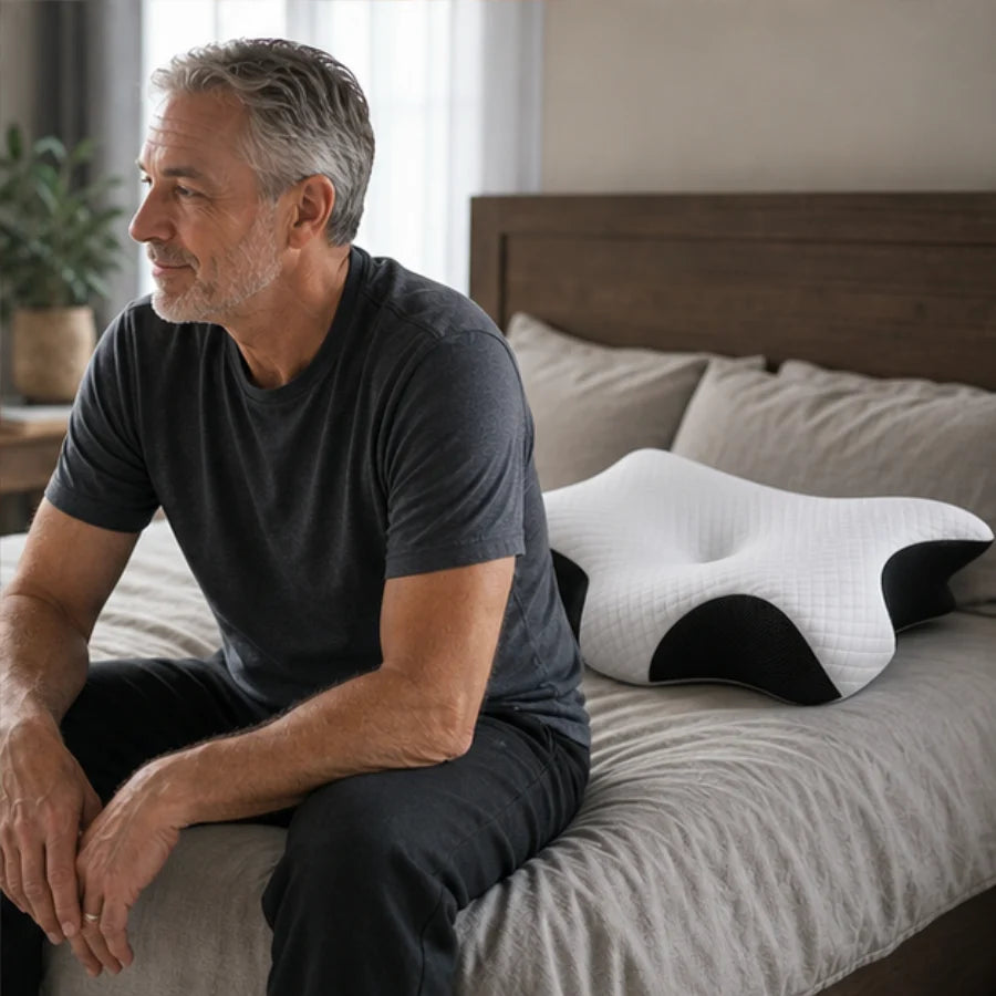 A man sitting beside the RestedRelief contoured pillow.